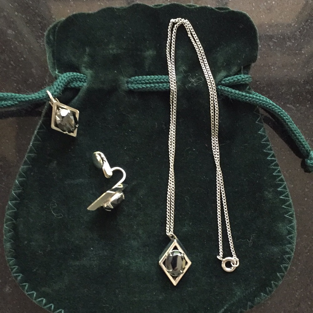 Mid century modern black cosmos hematite earrings and 16” necklace